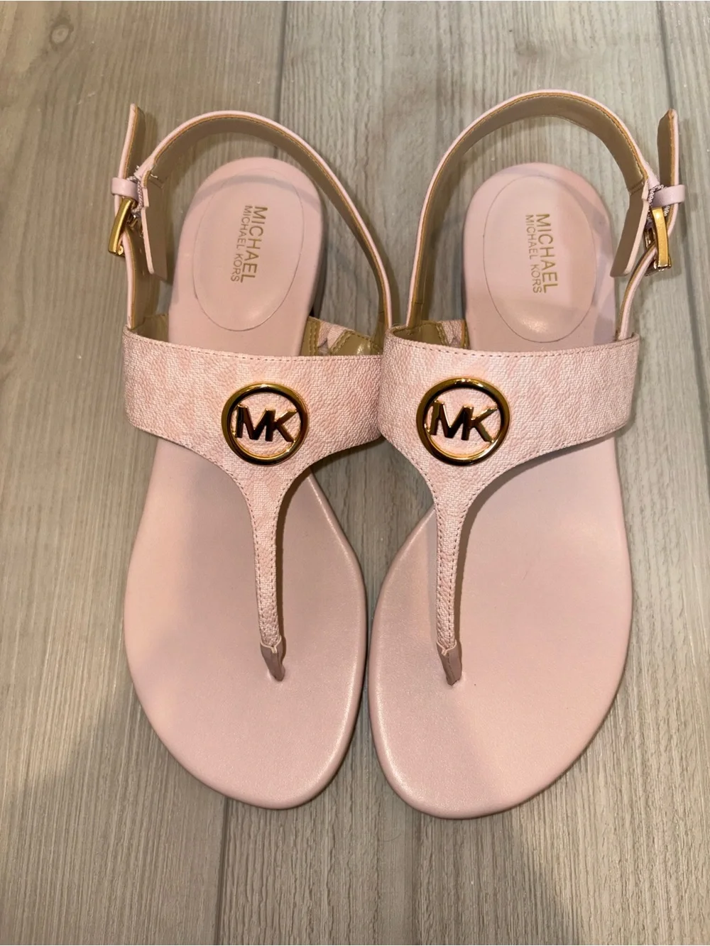 Michael Kors Blush Pink MK Logo T-Strap Sandals with Gold Hardware - Picture 2 of 4